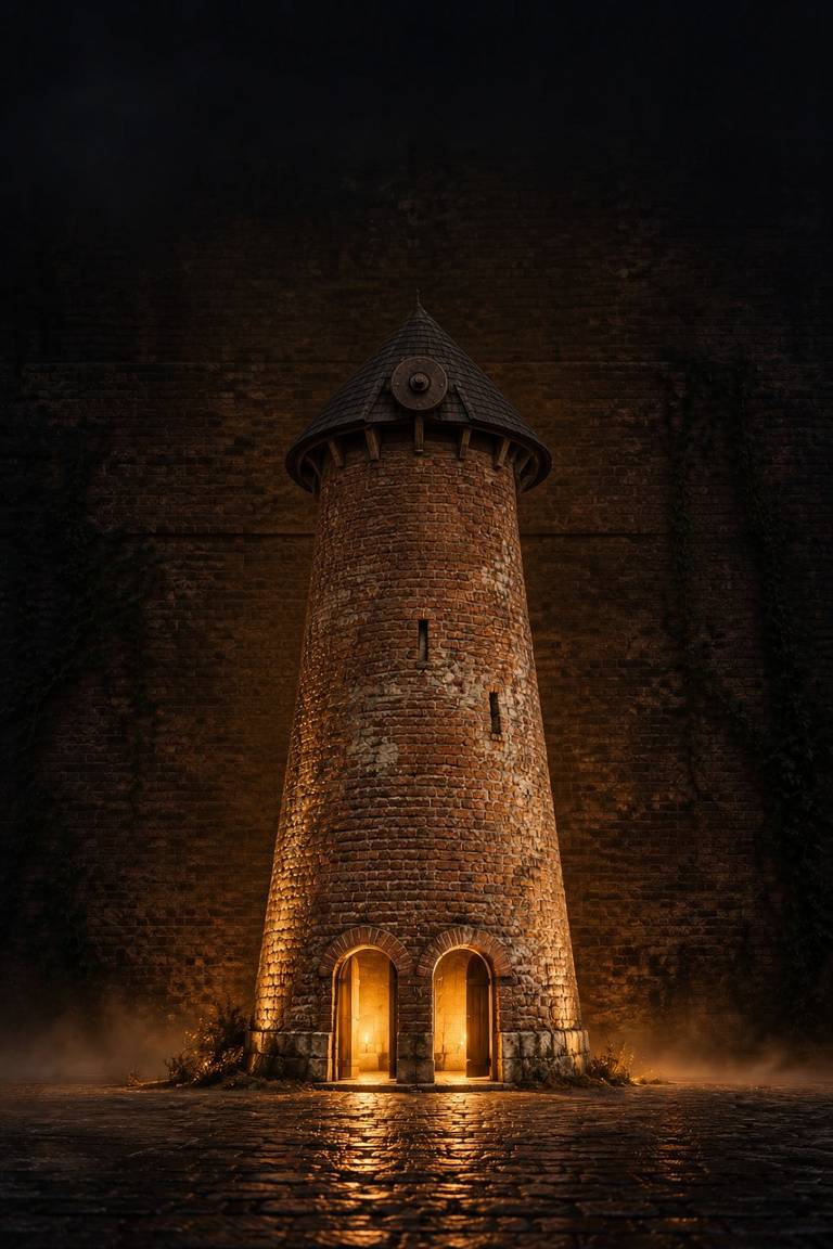 MOULIN: a brick windmill at night, its sails turning slowly, warm light glowing from two arched doorways
